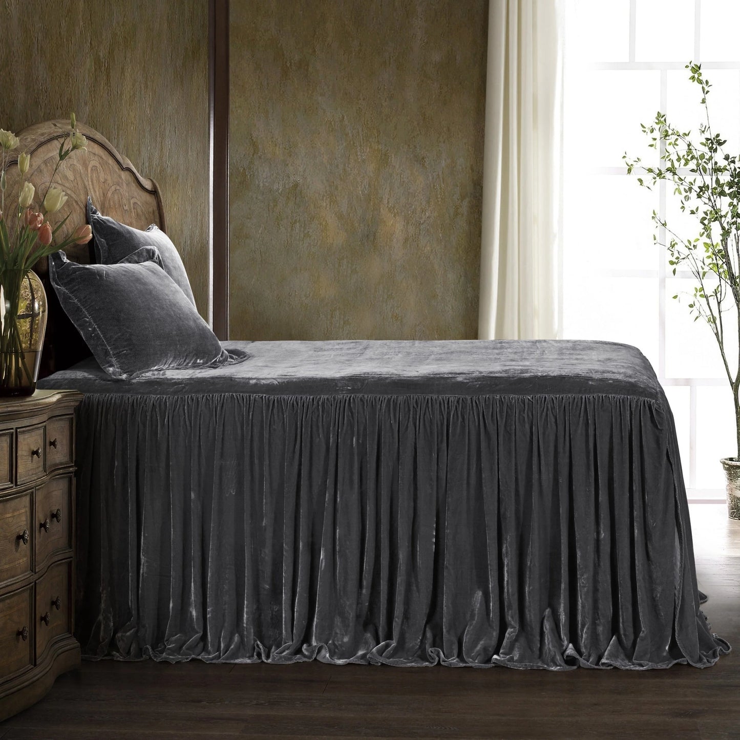 HiEnd Accents Stella Faux Silk Velvet Ruffle Skirt 3 Piece Bedspread Set with Pillow Shams