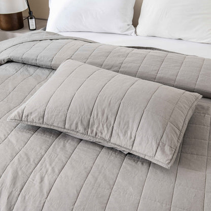 WHOLINENS Box Stitch Stone Washed Linen Blend Quilt & Pillow Shams Set