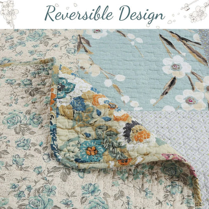 Cozy Line Sky Blue Floral Patens Ogee Patchwork Cotton Quilt Bedding Set