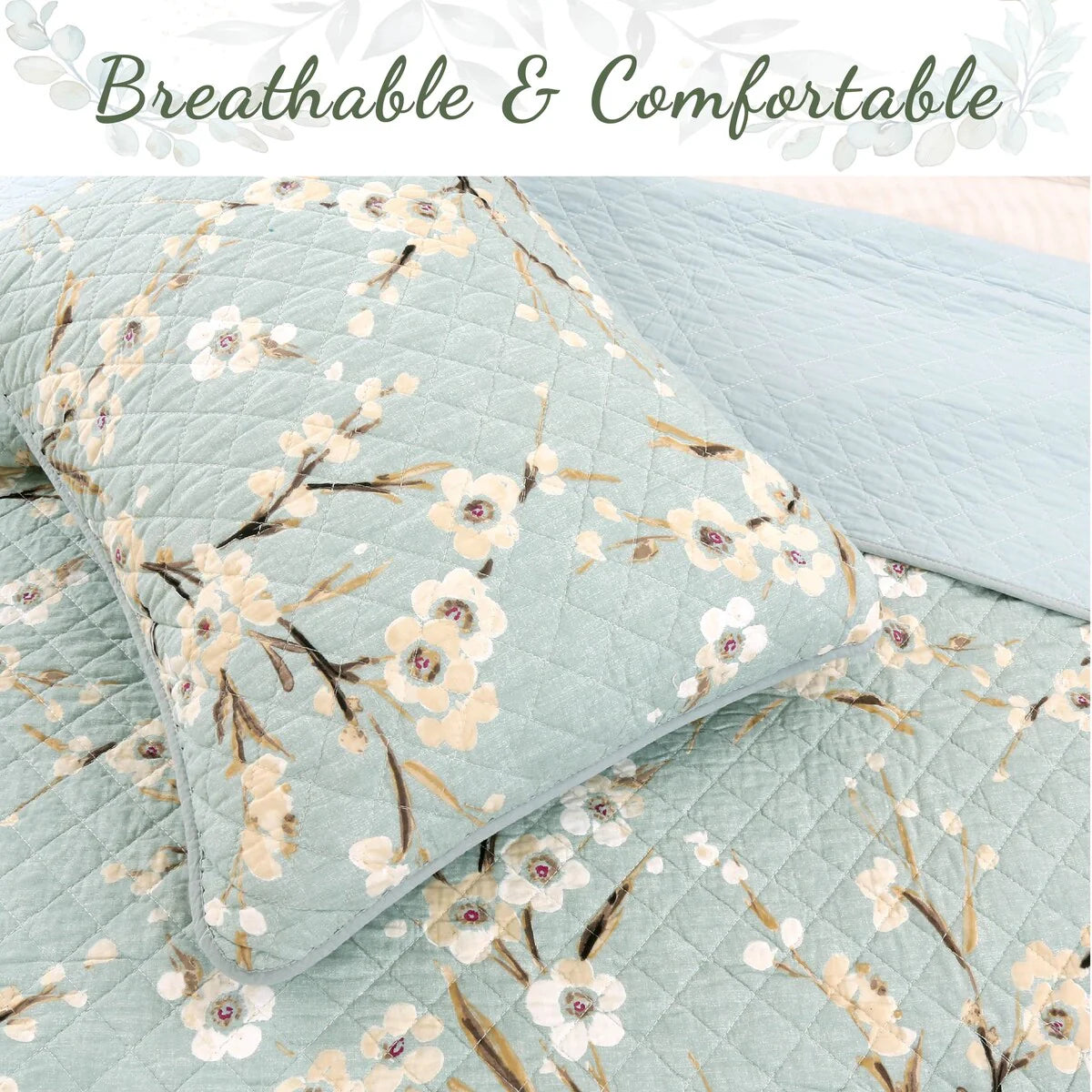Cozy Line Cream Cherry Blossom Floral Cyan Blue Green Quilt Bedding Set