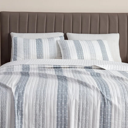 Premium Patterned Stripe Design Microfiber Quilt Set With Shams