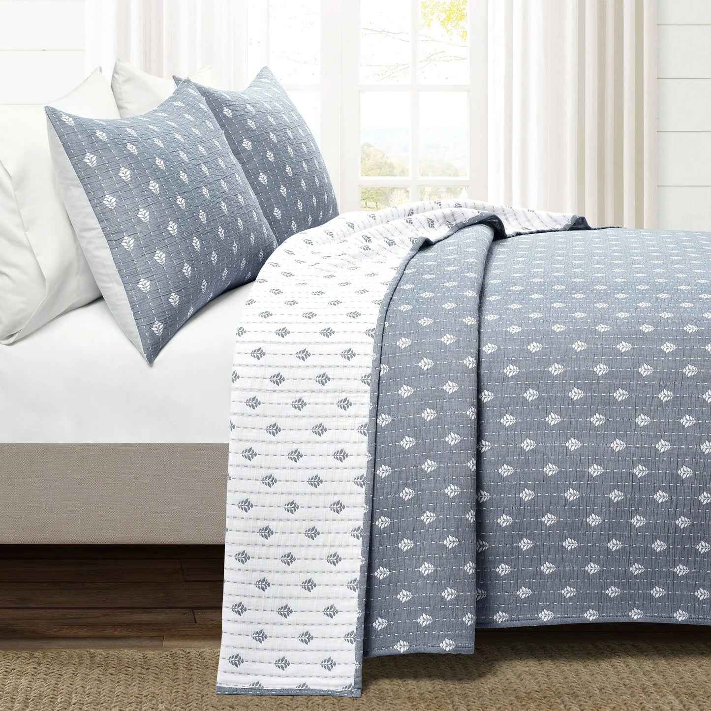 Lush Decor Hygge Kantha Pick Stitch Yarn Dyed Cotton Jacquard 3 Piece Quilt/Coverlet Set