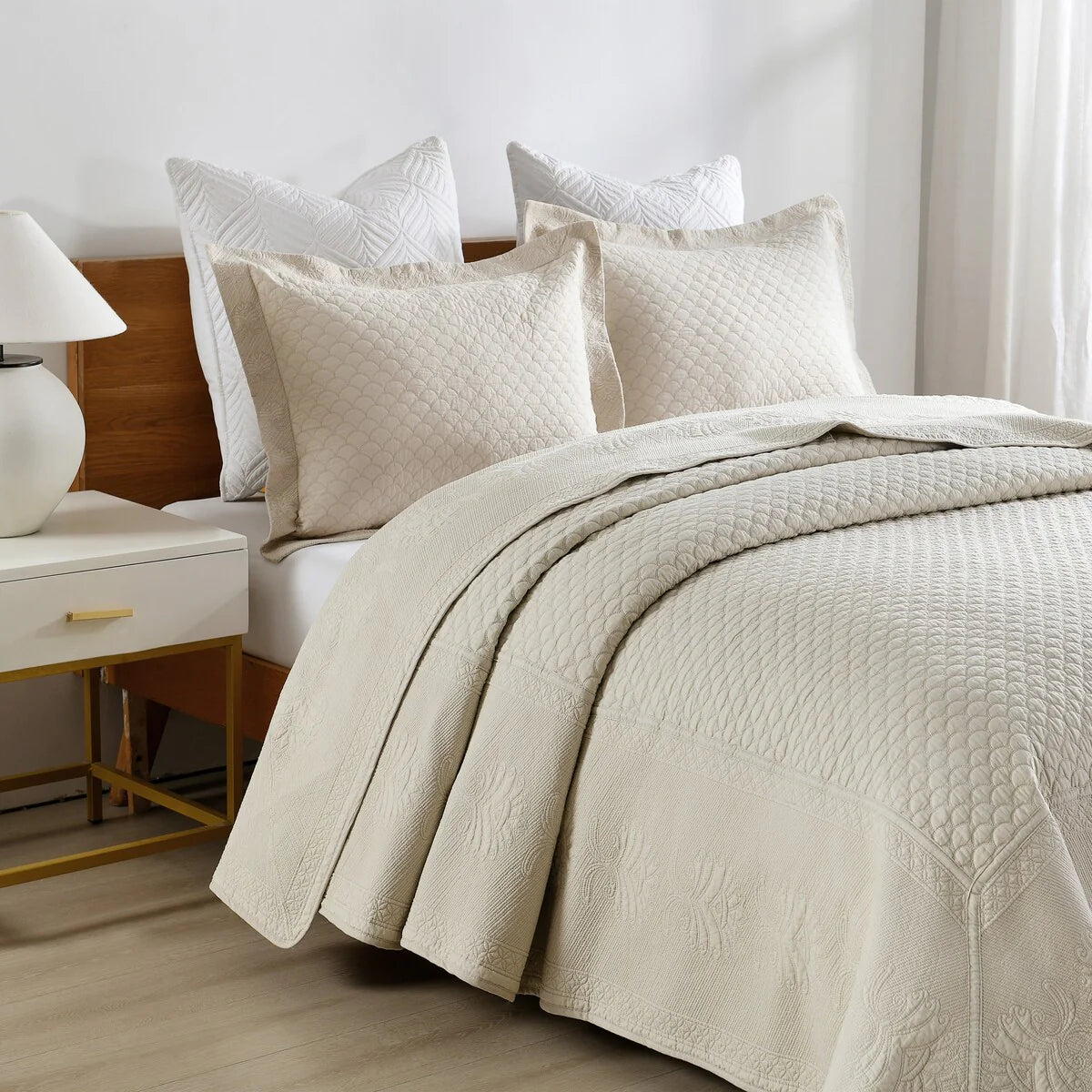 MarCielo 3 Piece Embroidered 100% Cotton Oversized Quilt Bedspread Set TM