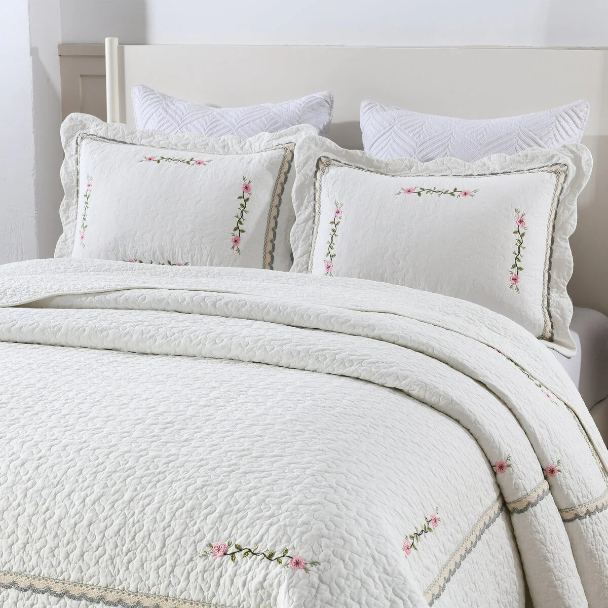 3 Pcs White Cotton Oversized Quilt Bedspread Set Sakura