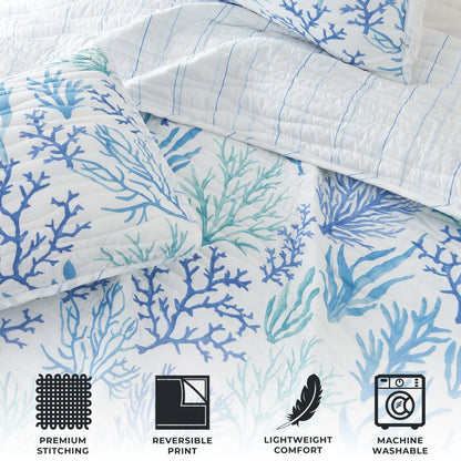 Premium Blue Coral Microfiber Quilt Set With Shams