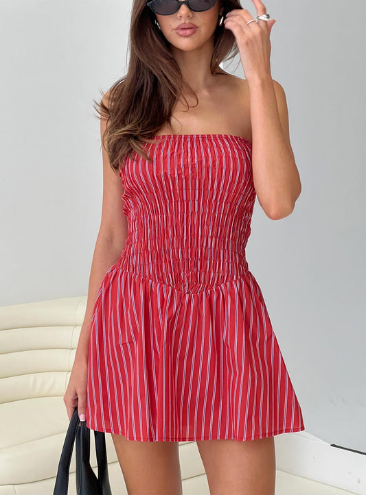 Emme Strapless Mini Dress Red Stripe