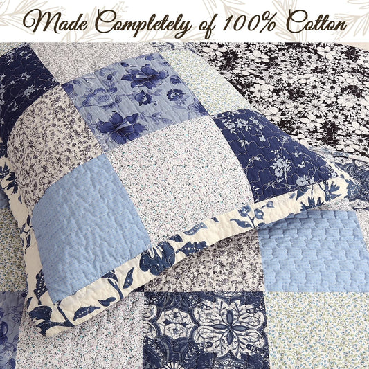 Cozy Line Azure Blue Floral Garden Patchwork 3 Piece Cotton Quilt Bedding Set