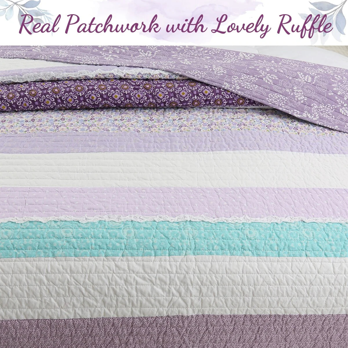Cozy Line Purple Cosmos Spring Floral Stripe Garden Lavender Teal & White Ruffle Cotton Reversible Quilt Bedding Set