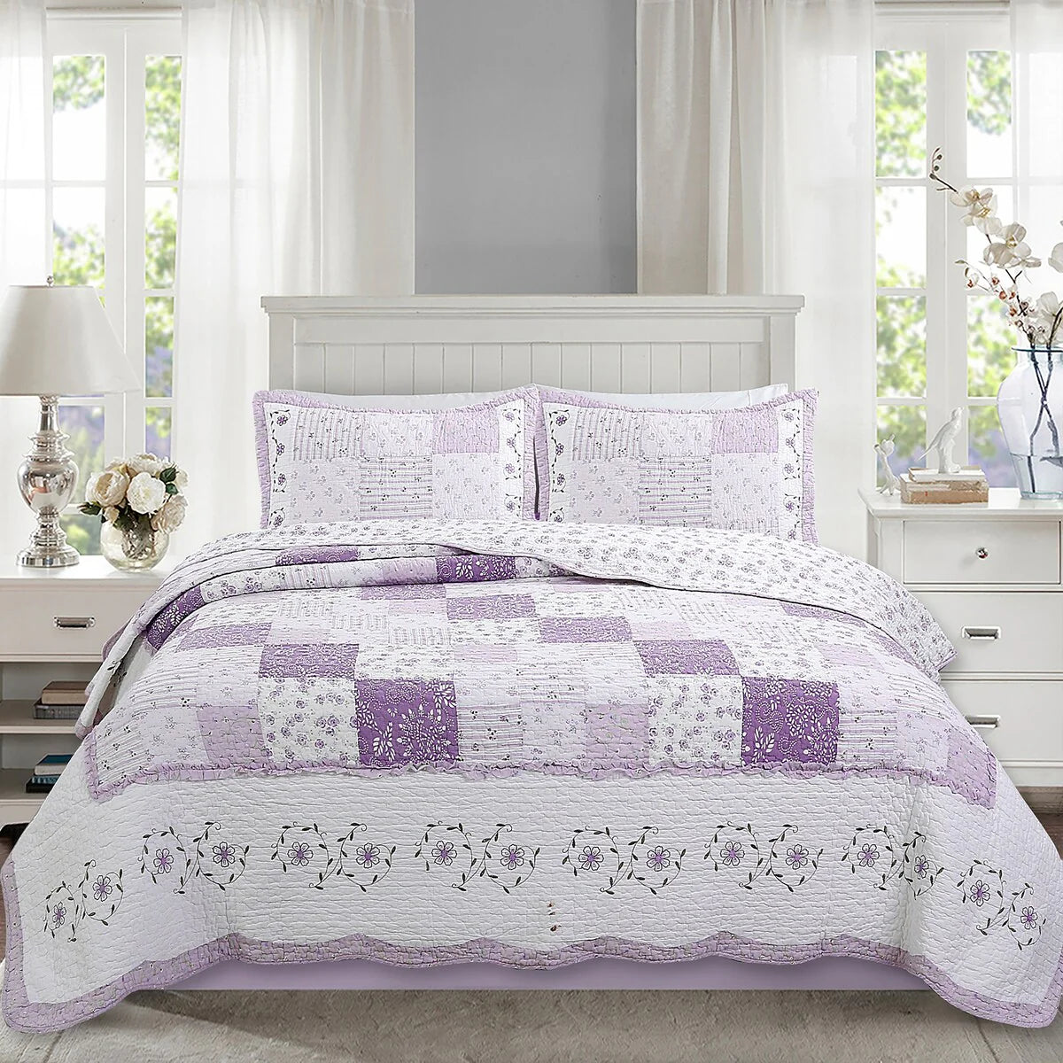 The Purple Floral Barn Quay Road Lilac Patchwork Cotton Reversible Quilt Bedding Set