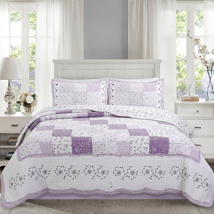 The Purple Floral Barn Quay Road Lilac Patchwork Cotton Reversible Quilt Bedding Set