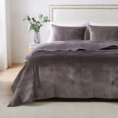 Riviera Velvet Finely Stitched Modern Quilt and Pillow Sham Set