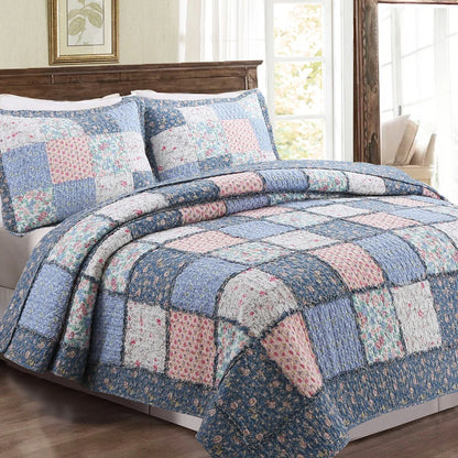 Cozy Line Aphrodite Patchwork Blue Floral 3 Piece Reversible Cotton Quilt Bedding Set