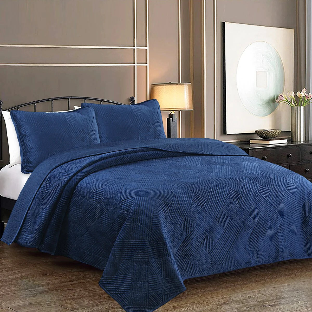 Cozy Line Soft Velvet Basket Weave Stripe Solid Poly Cotton Quilt Bedding Set