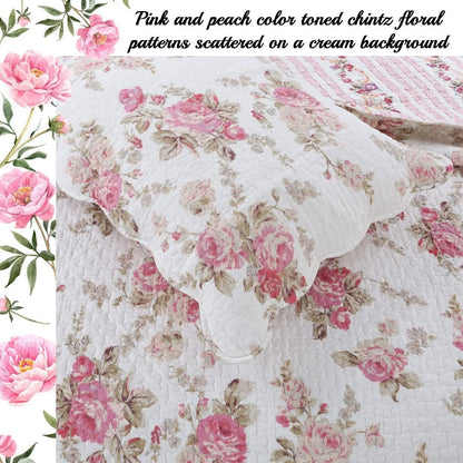 Cozy Line Pink Floral Patricia Reversible Floral 3 Piece Cotton Quilt Bedding Set