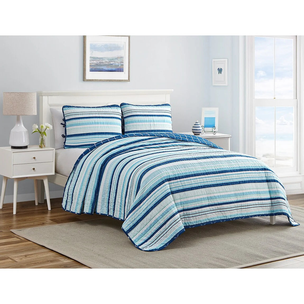 Coastal Stripes Soft Cotton Reversible Quilt Set