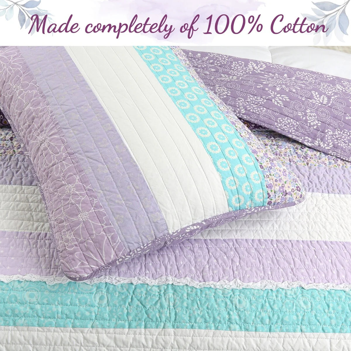 Cozy Line Purple Cosmos Spring Floral Stripe Garden Lavender Teal & White Ruffle Cotton Reversible Quilt Bedding Set
