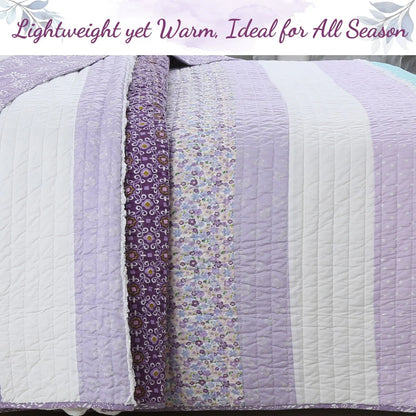 Cozy Line Purple Cosmos Spring Floral Stripe Garden Lavender Teal & White Ruffle Cotton Reversible Quilt Bedding Set