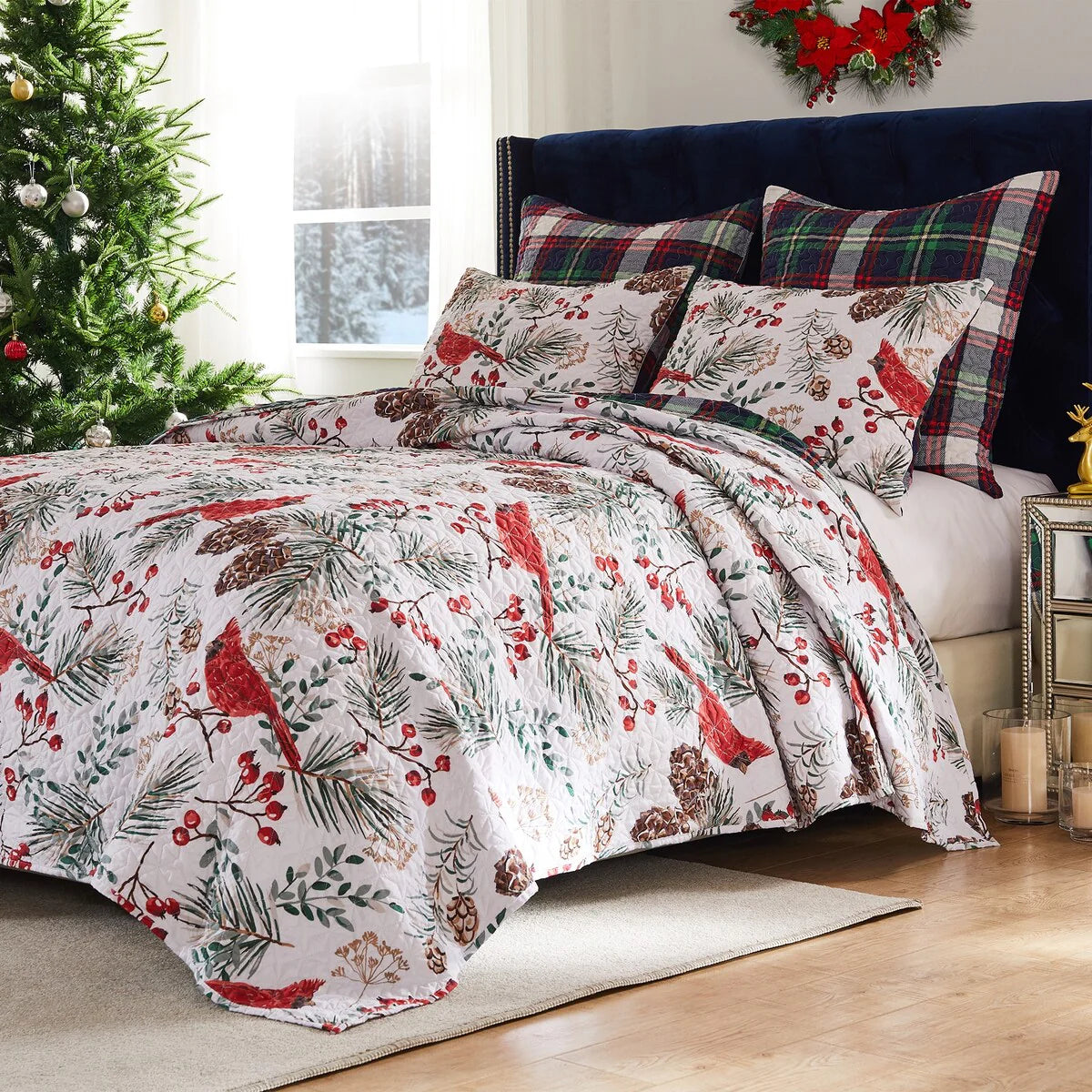 Greenland Home Cardinal Plaid Winter Wonderland Reversible Quilt Set