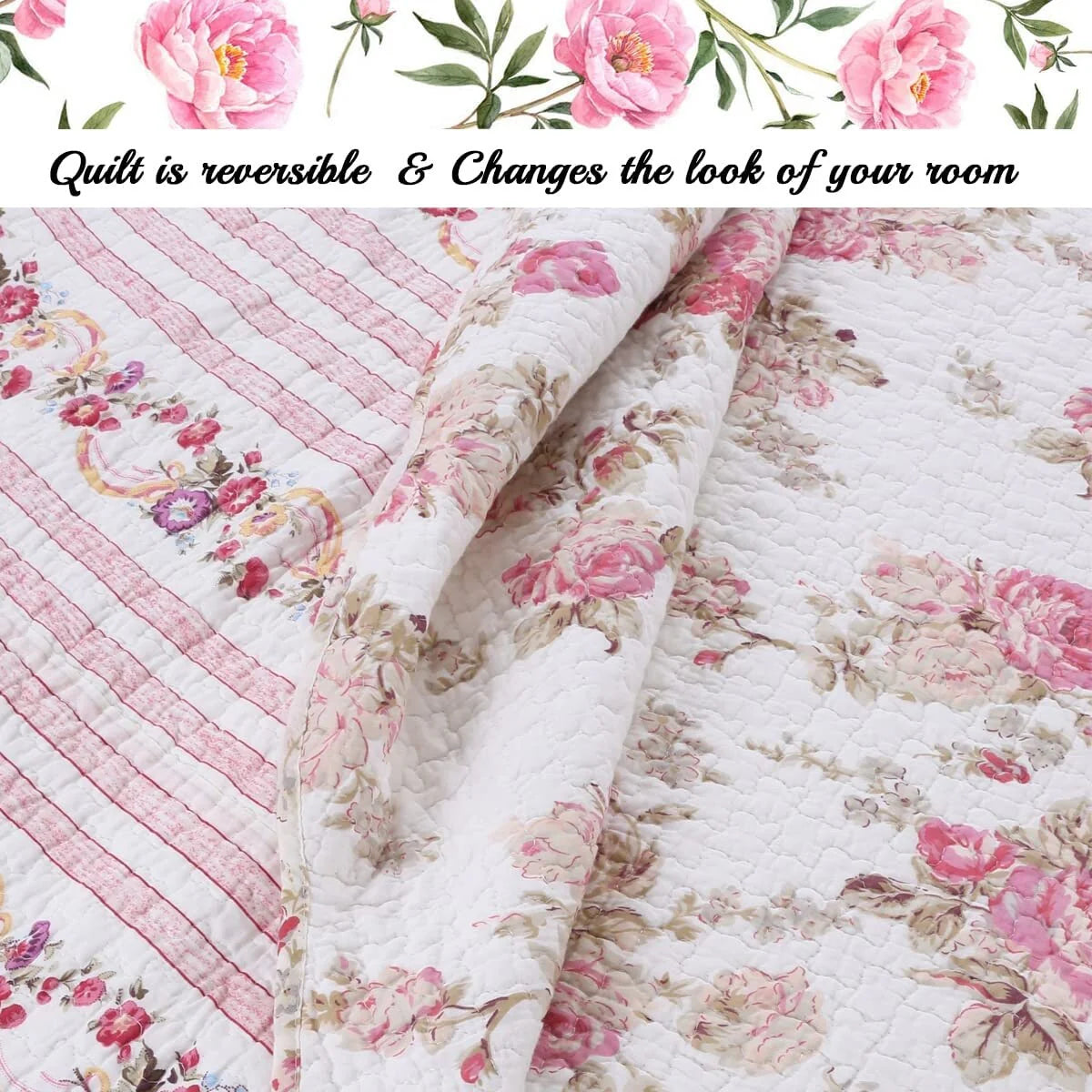 Cozy Line Pink Floral Patricia Reversible Floral 3 Piece Cotton Quilt Bedding Set