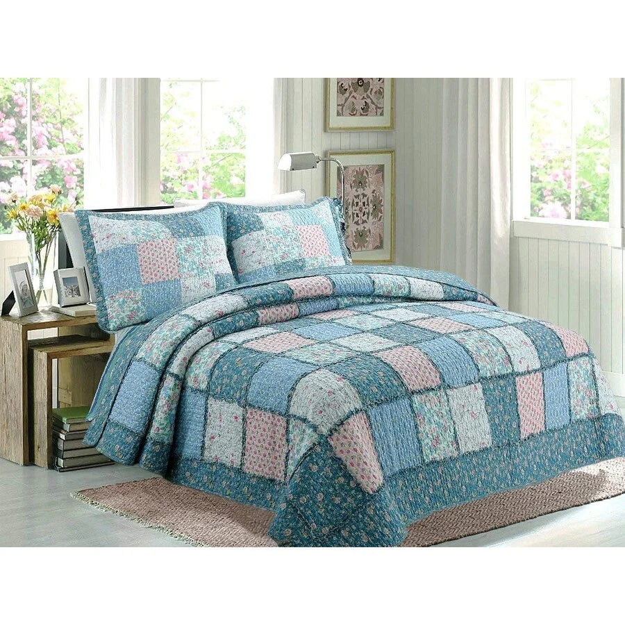 Cozy Line Aphrodite Patchwork Blue Floral 3 Piece Reversible Cotton Quilt Bedding Set
