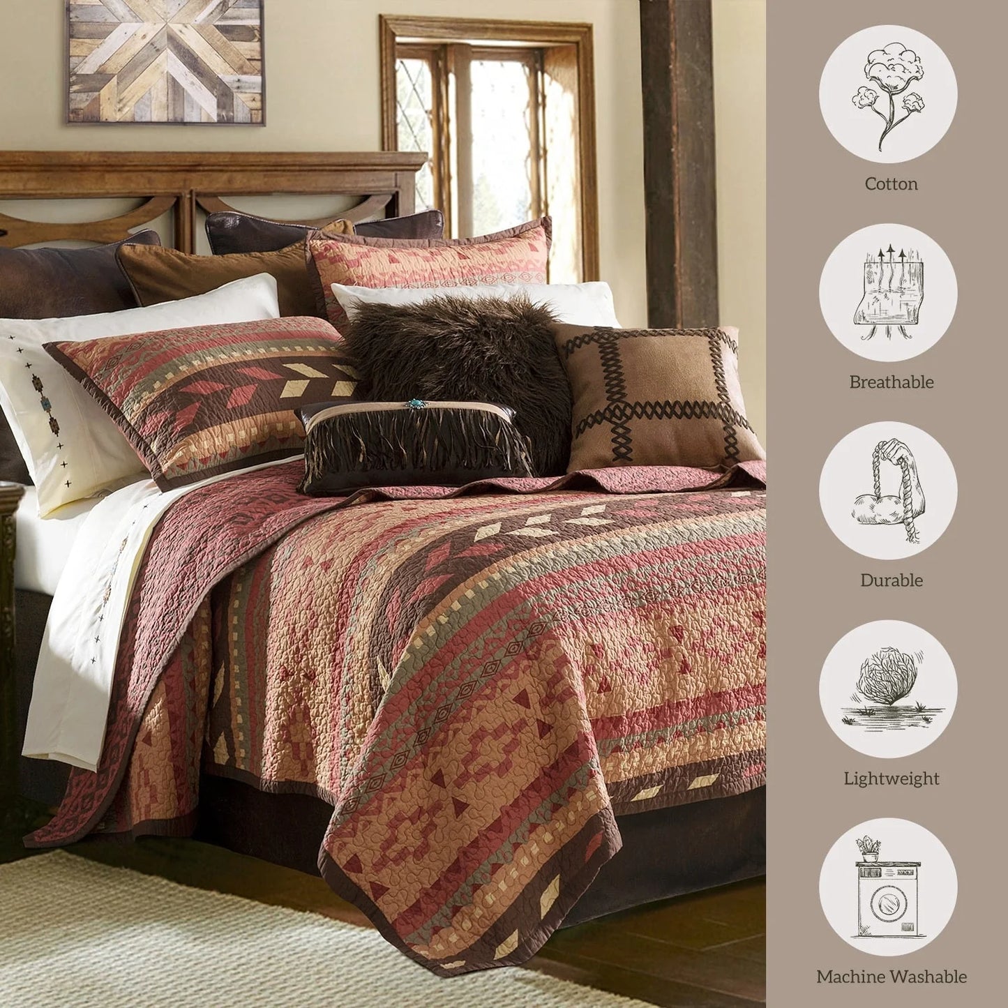 Paseo Road Broken Arrow Western Bedding Tribal Aztec 3 Piece Reversible Quilt Set