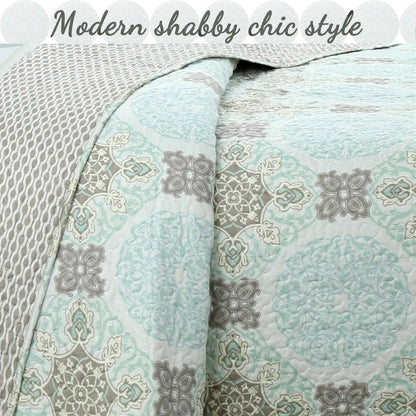 Cozy Line Light Green Aqua Damask Reversible Bedding Quilt Set