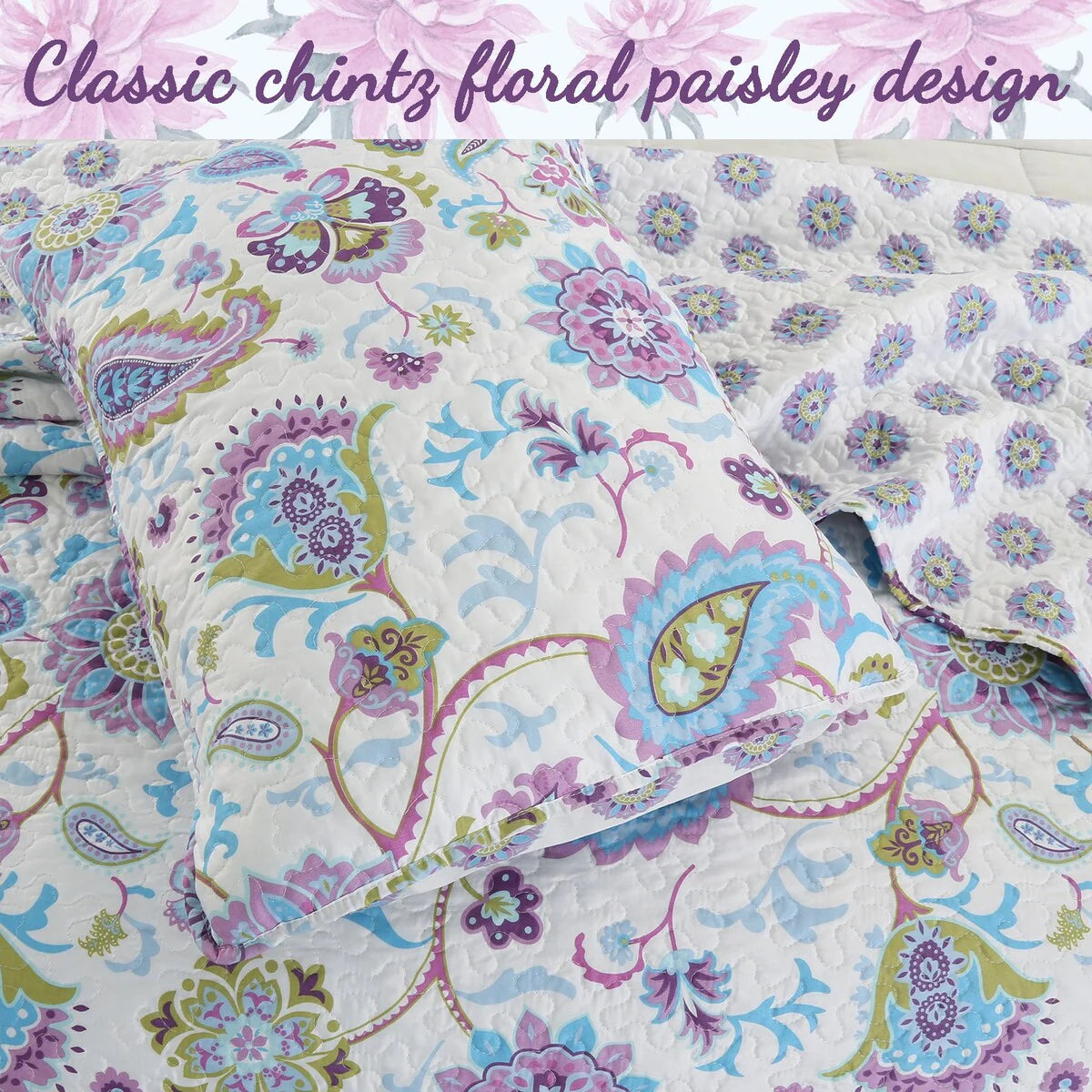 Cozy Line Lavender Purple Blue Floral Paisley 3-Piece Quilt Bedding Set