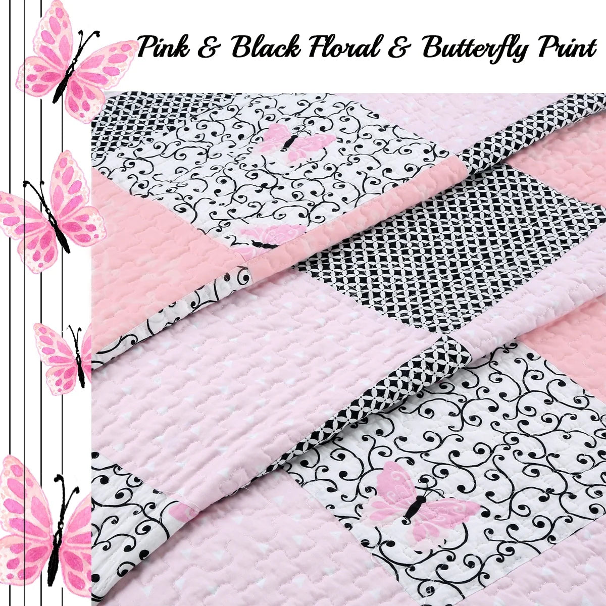 Cozy Line Emerson Pink Butterfly Patchwork Reversible Cotton Quilt Bedding Set