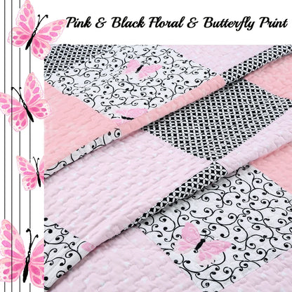 Cozy Line Emerson Pink Butterfly Patchwork Reversible Cotton Quilt Bedding Set