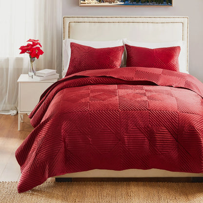 Riviera Velvet Finely Stitched Modern Quilt and Pillow Sham Set