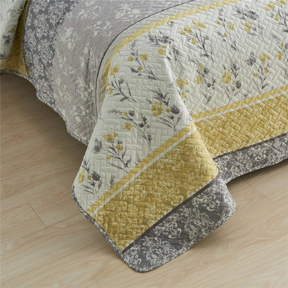 3 Piece Gray Yellow Stripe Quilt Set Floral Reversible Bedspread