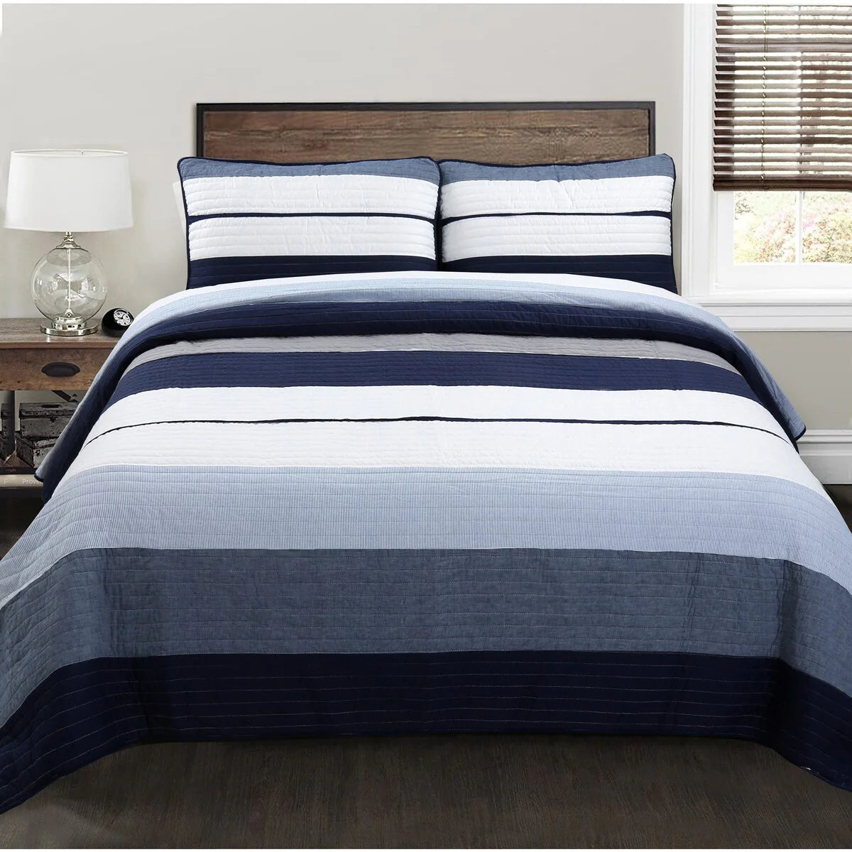 Cozy Line Tranquil Blue Gray Stripes Cotton Quilt Bedding Set