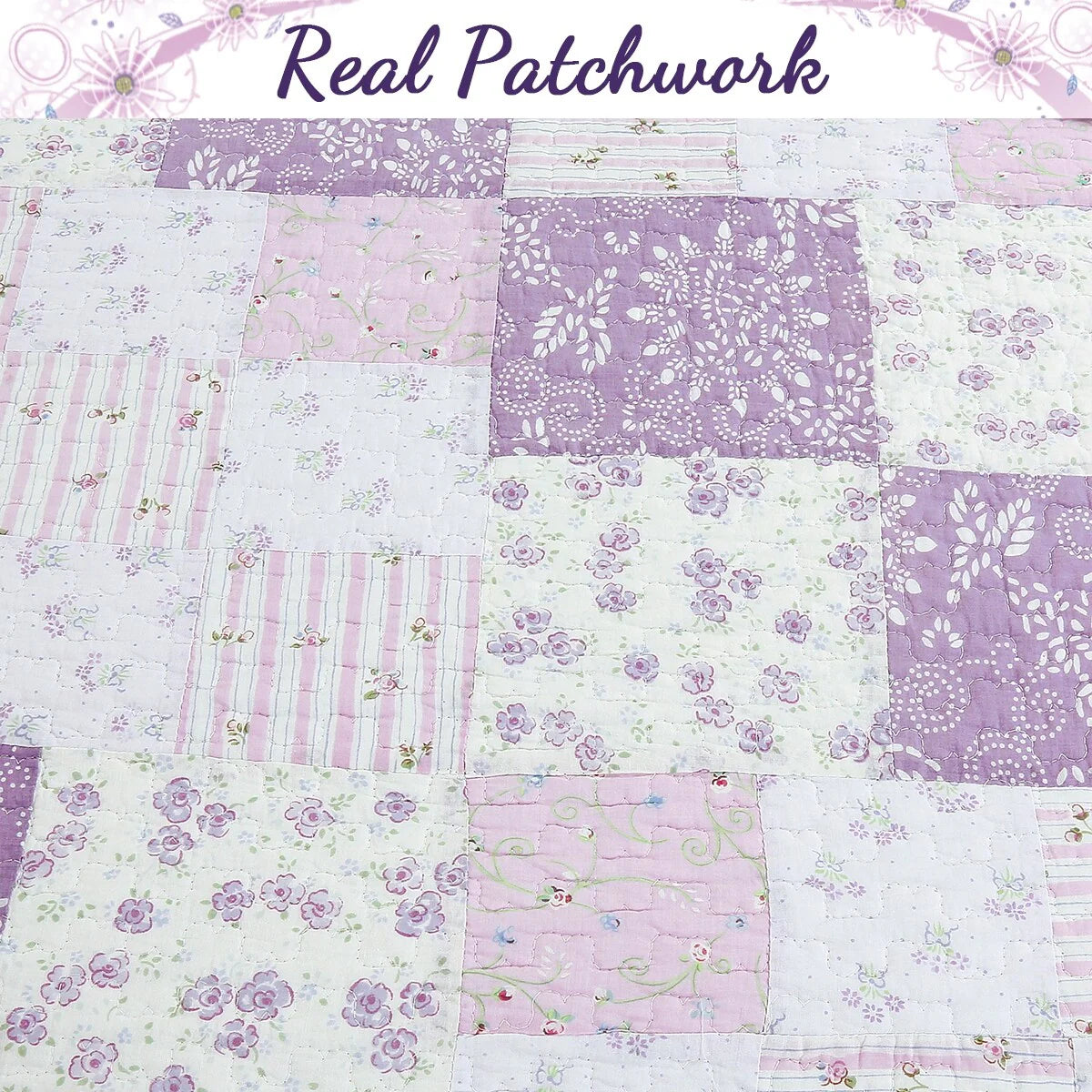 The Purple Floral Barn Quay Road Lilac Patchwork Cotton Reversible Quilt Bedding Set
