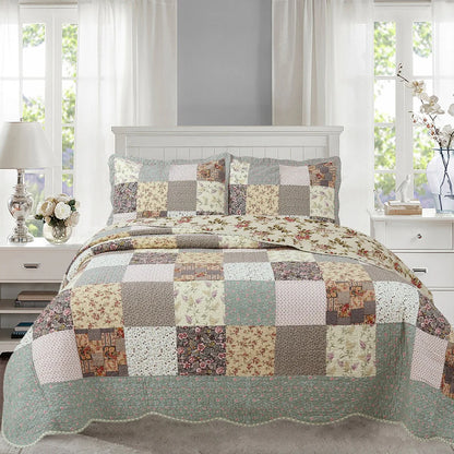 Country Cottage Floral Chic Scalloped Patchwork Cotton 3-Piece Quilt Bedding Set