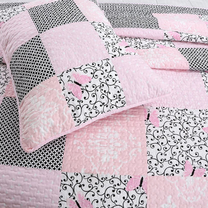 Cozy Line Emerson Pink Butterfly Patchwork Reversible Cotton Quilt Bedding Set