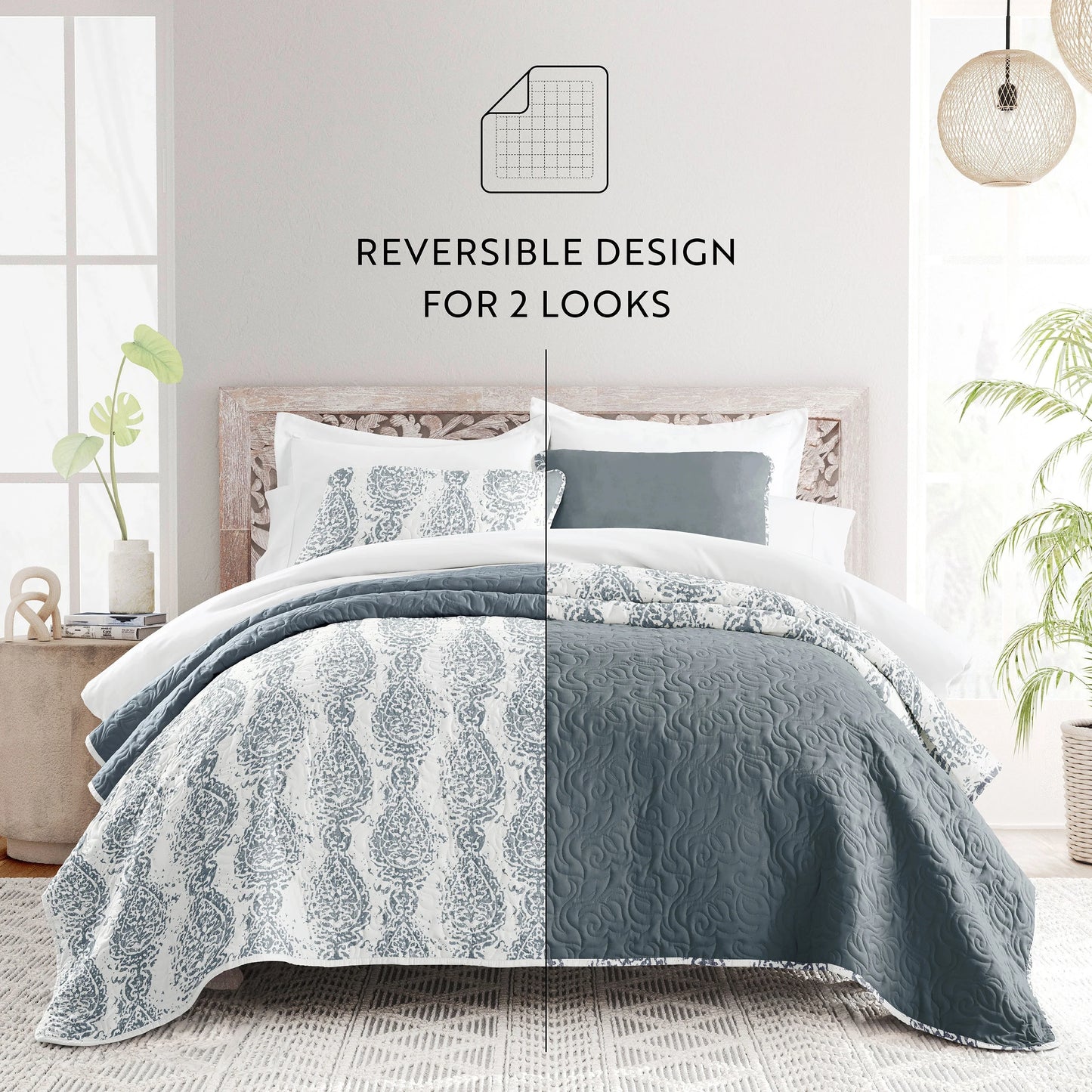 Becky Cameron All Season 3 Piece Distressed Damask Reversible Quilt Set with Shams