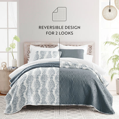 Becky Cameron All Season 3 Piece Distressed Damask Reversible Quilt Set with Shams