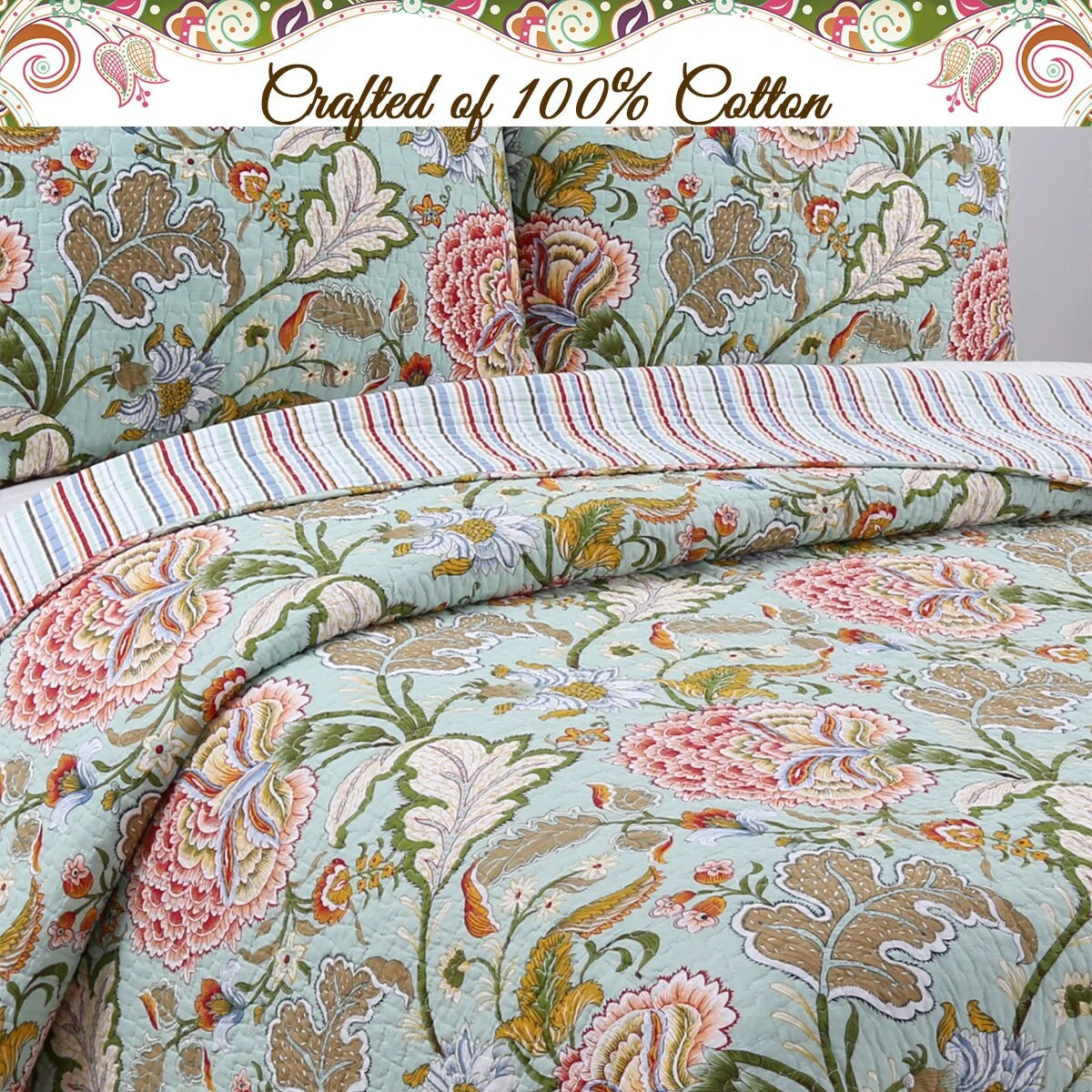 Cozy Line Aregada Floral Cotton 3-piece Reversible Quilt Bedding Set