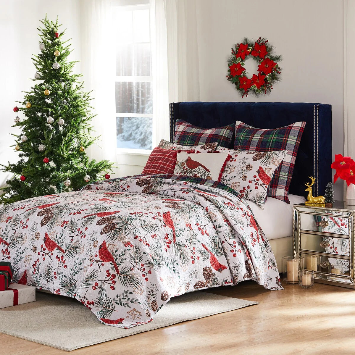 Greenland Home Cardinal Plaid Winter Wonderland Reversible Quilt Set