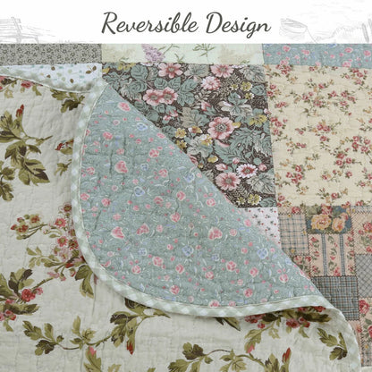Country Cottage Floral Chic Scalloped Patchwork Cotton 3-Piece Quilt Bedding Set
