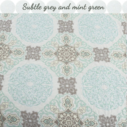 Cozy Line Light Green Aqua Damask Reversible Bedding Quilt Set