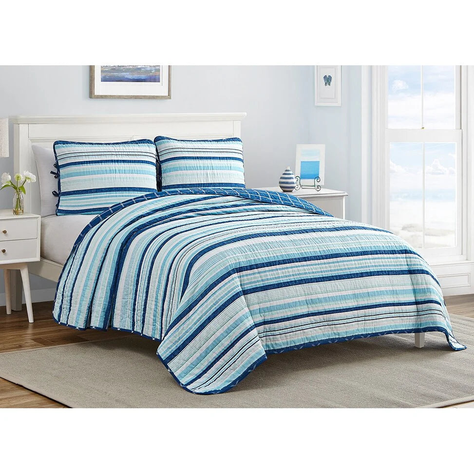 Coastal Stripes Soft Cotton Reversible Quilt Set