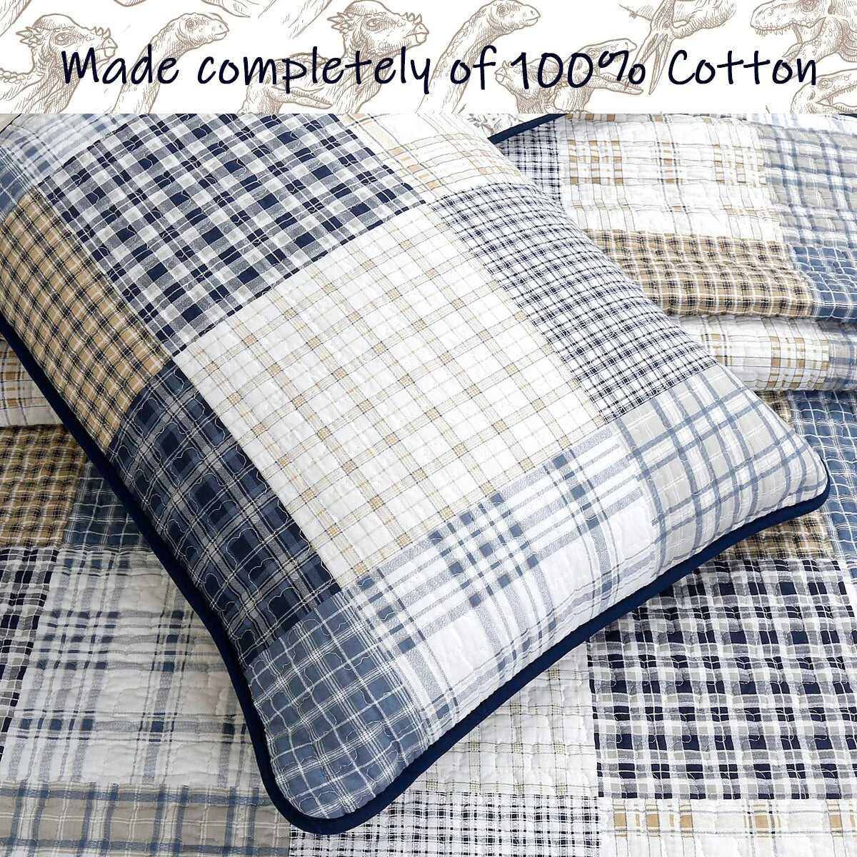 Cozy Line Benjamin Plaid Dinosaur Boy Cotton Quilt Bedding Set