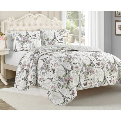 Paris Floral Pink Cotton 3-Piece Reversible Quilt Set