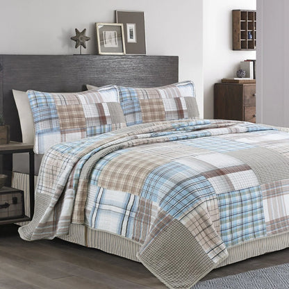 Cozy Line Hank Blue Patchwork 3-piece Reversible Cotton Quilt Bedding Set