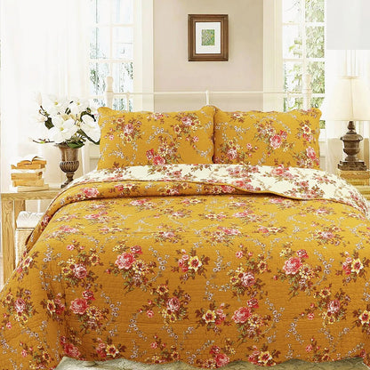 French Country Floral Blooming 3-Piece Cotton Reversible Quilt Bedding Set