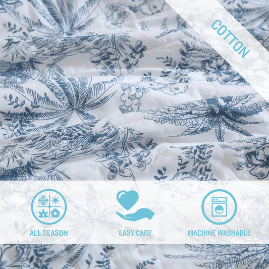 Tommy Bahama Pen And Ink Palm Cotton Reversible Blue Quilt Set