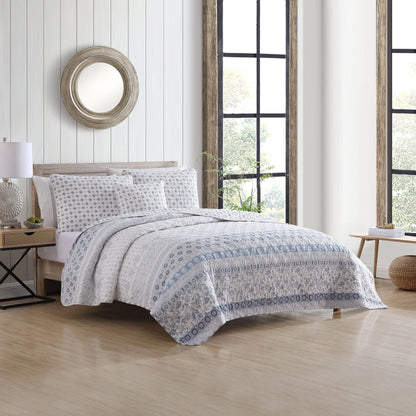 Stone Cottage Bexley Block Print Cotton Blue 4 Piece Quilt Bonus Set