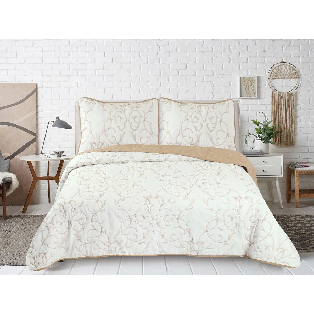Marina Decoration Embroidered Stitching Coverlet Bedspread Ultra Soft Solid Summer Quilt Set, Modern Branch Pattern