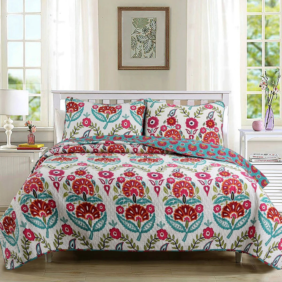 Cozy Line Santa Barbara Floral Print Reversible Cotton Quilt Bedding Set